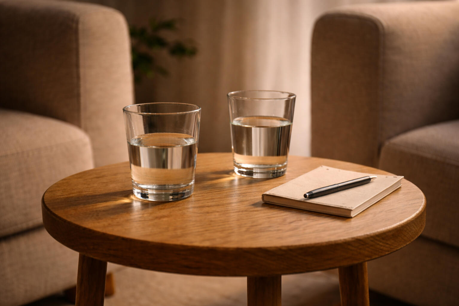 Two glasses of water and a notebook on a small table representing a focused conversation to clarify an important decision