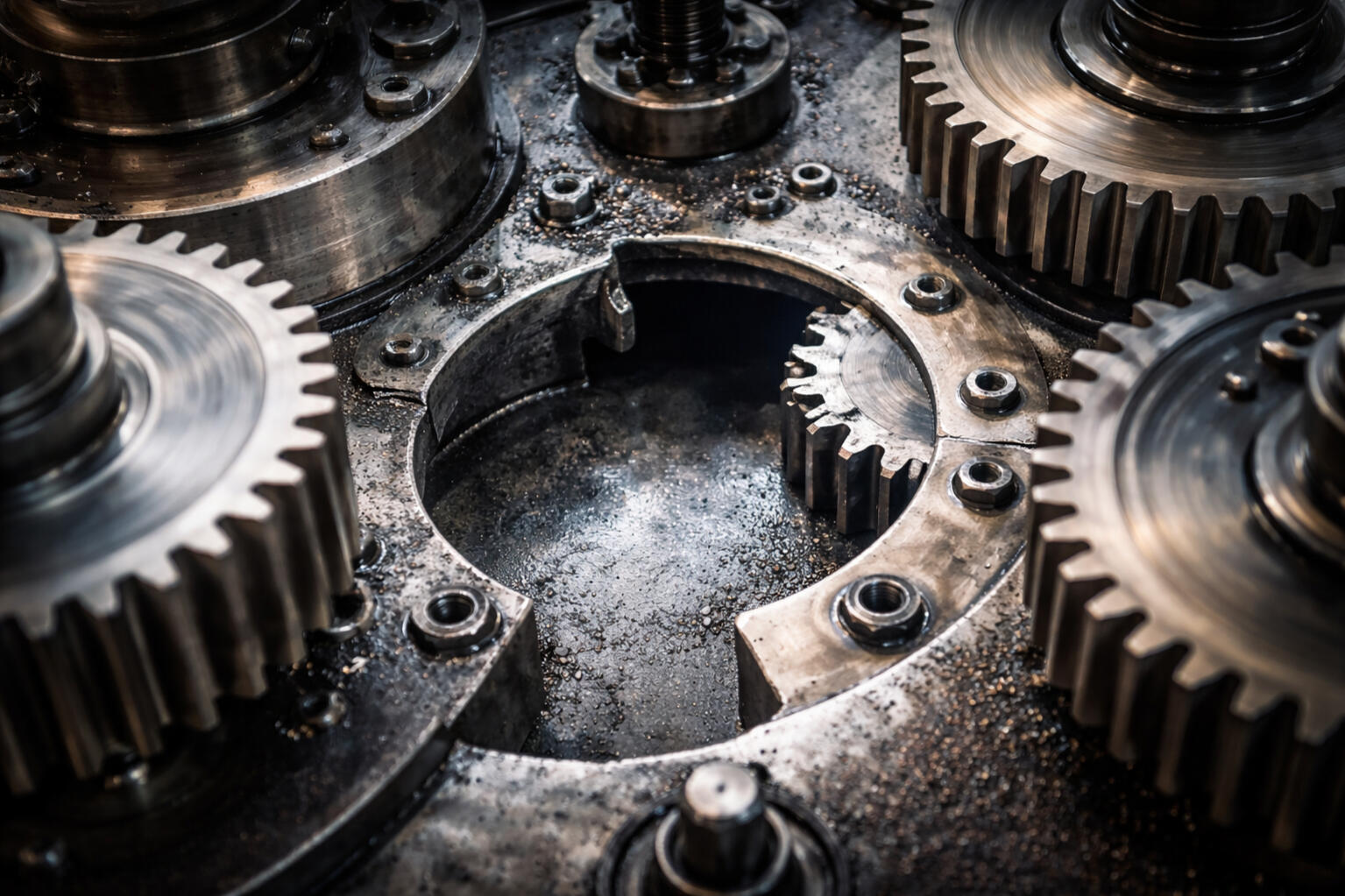Industrial gears with a missing center piece symbolizing operational disruption when a senior leader leaves