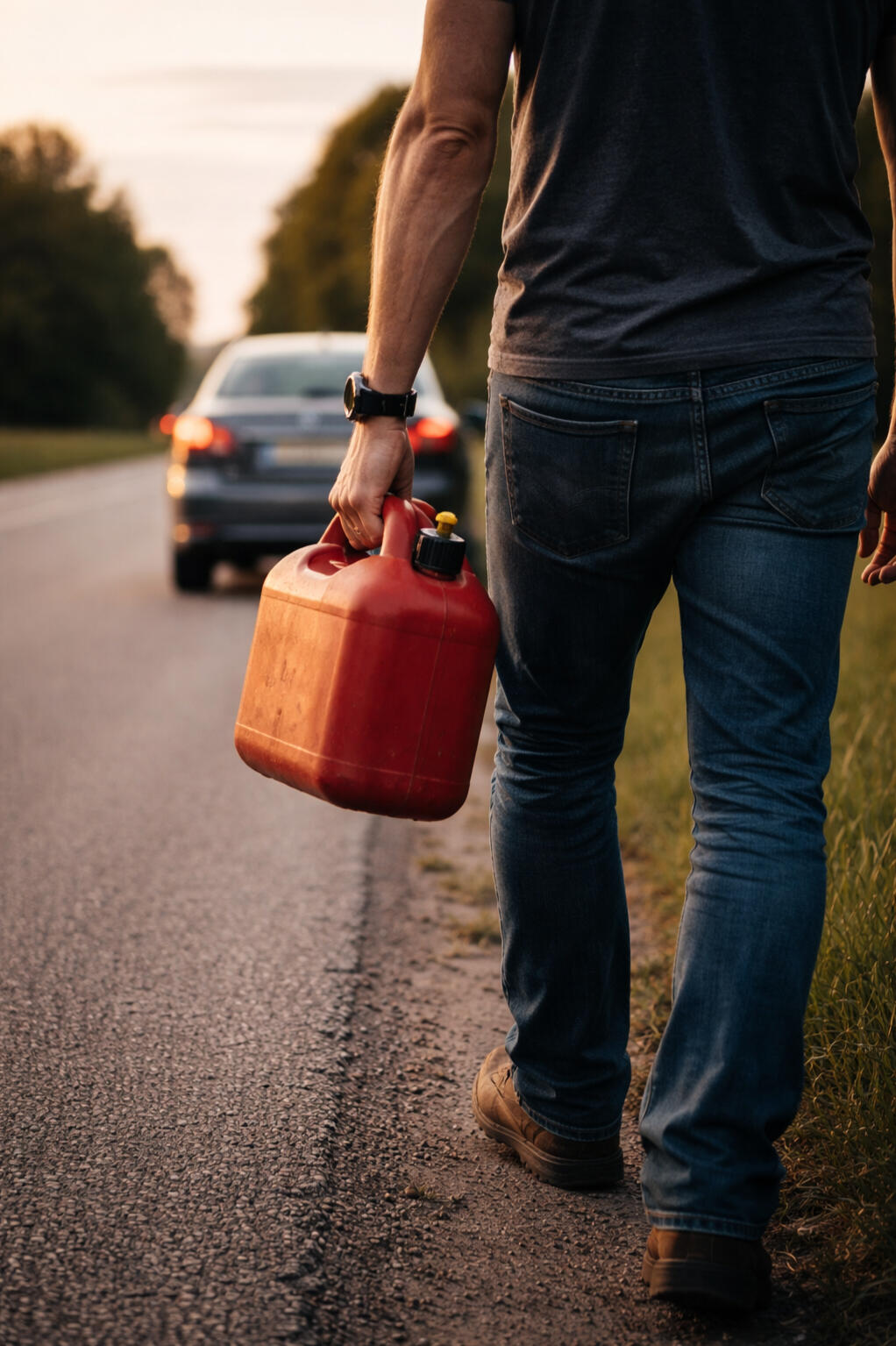 Person walking with an empty fuel can beside a broken down car, symbolizing operations that can no longer keep up
